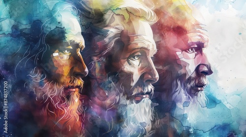 The Holy Trinity: the Father, the Son, and the Holy Spirit. Digital watercolor painting. Close up.