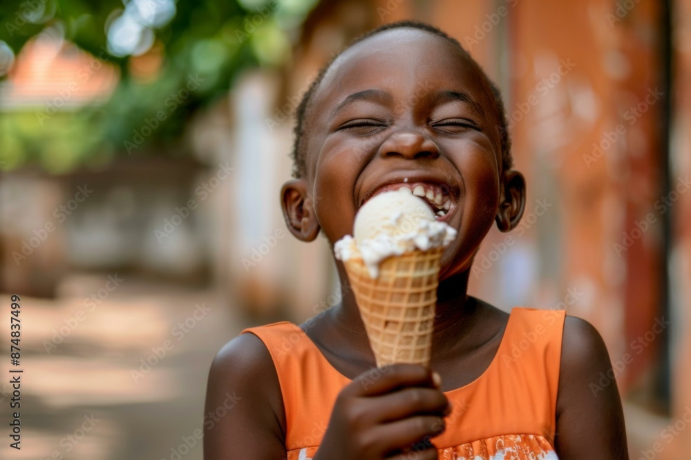 A young girl smiles with joy as she holds an ice cream cone. AI. A young girl smiles with joy as she holds an ice cream cone. AI.