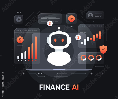 Finance service bot. Robot with charts and bank technologies. Artificial intelligence in financial technologies. Vector illustration