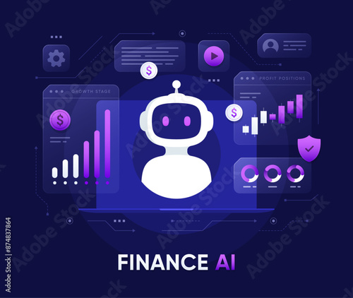 Finance service bot. Robot with charts and bank technologies. Artificial intelligence in financial technologies. Vector illustration