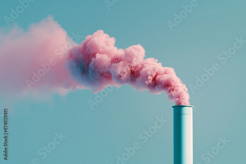 A pink smoke coming out of the factory chimney, air pollution concept. photo