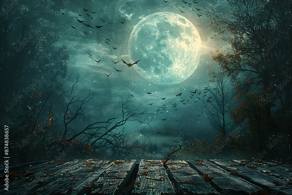 Naklejka premium Halloween spooky scary misty cemetery scenery with moon