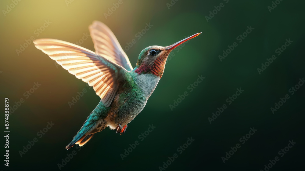 Hummingbird Back View Flying Beautiful hummingbird captured mid-flight against a vibrant backdrop ...