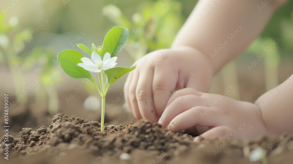 Fototapeta premium Close-up of a baby's hands touching soil next to a small flowering plant in a garden, symbolizing growth, nature, and early learning.