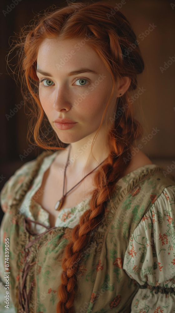 Medieval peasant woman in brown and cream dress with puffy sleeves and braided red hair Medieval peasant woman in brown and cream dress with puffy sleeves and braided red hair