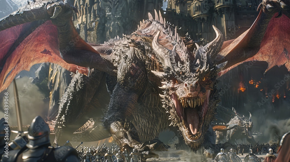 © peerawat - In a grand spectacle, a three-headed dragon and a two-headed dragon engage in a furious fight, their roars shaking the ground, while an army of knights surrounds them, awaiting the decisive moment.