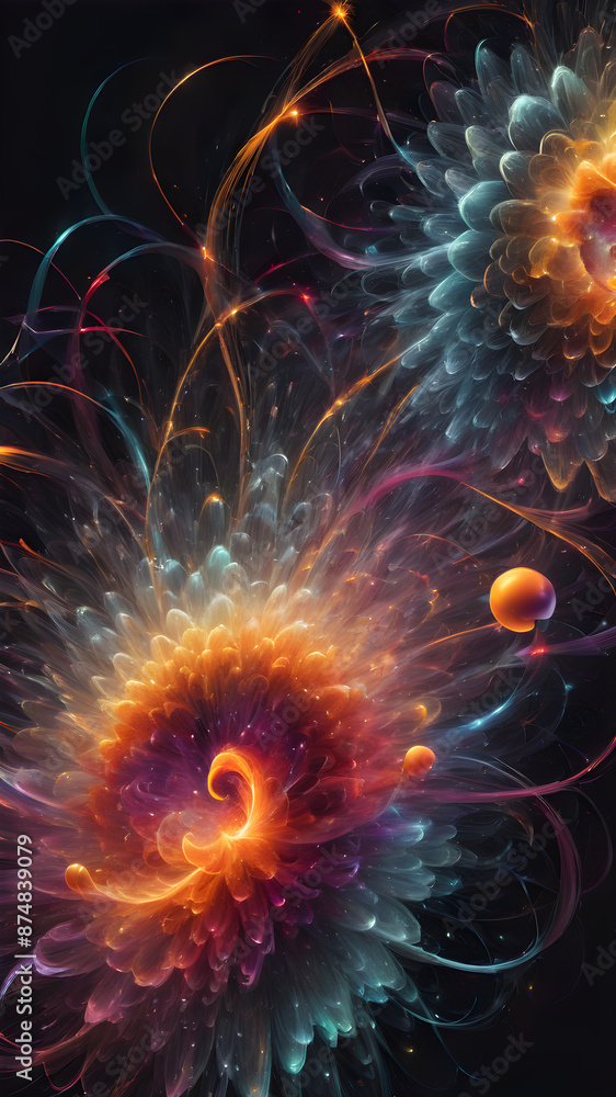 Fototapeta premium Abstract representations of quantum particles in motion, using light and color to illustrate the strange and fascinating nature of quantum physics.