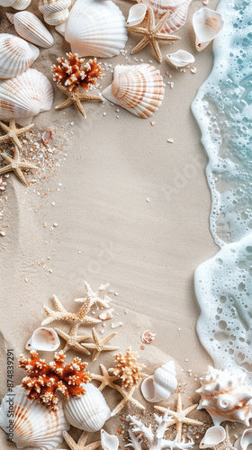 Tropical beach. Sand, shells and ocean waves on the shore. Vertical banner for instagram story or tiktok background