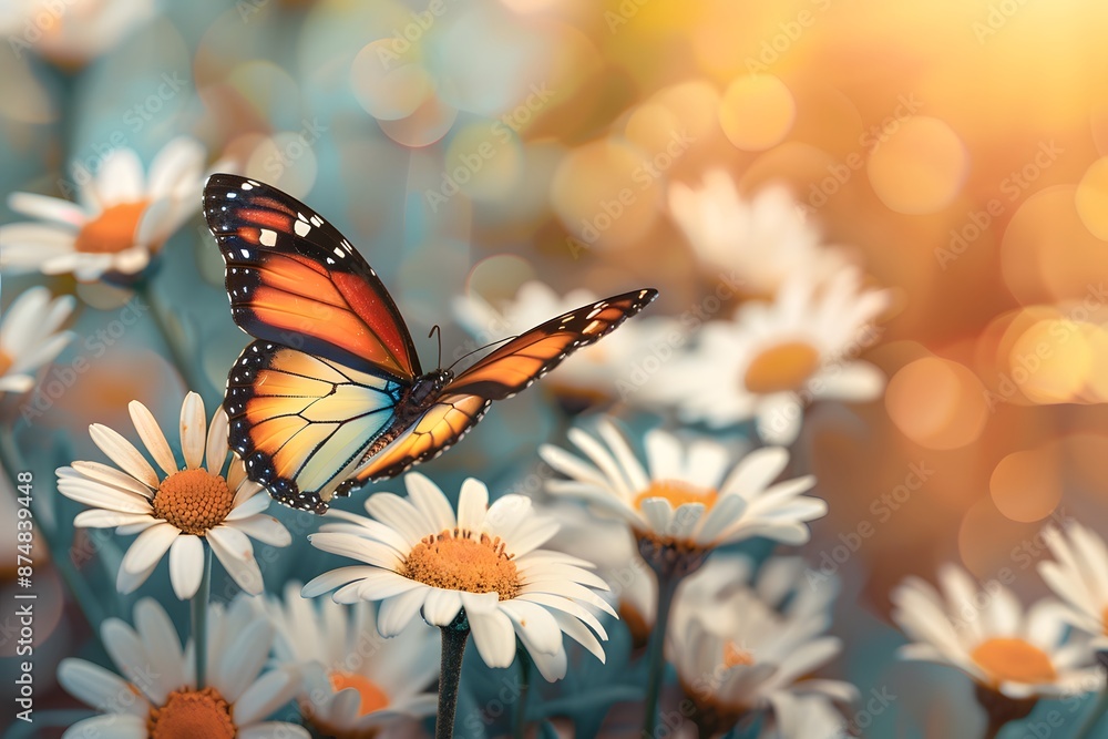 Gardening for who love garden in summer, flat design, close-up of colorful butterfly on a daisy, intricate wing patterns, gentle curves, soft gradient shading, light and airy feel, summer essence Gardening for who love garden in summer, flat design, close-up of colorful butterfly on a daisy, intricate wing patterns, gentle curves, soft gradient shading, light and airy feel, summer essence