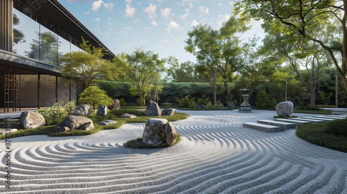 Japanese Zen garden in a modern villa with panoramic windows photo