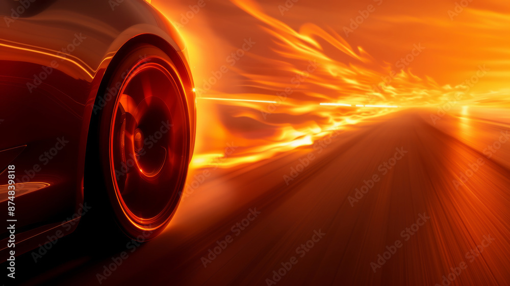 High-speed sports car in motion with fiery trails. Capturing the essence of speed and power on a dynamic road. High-speed sports car in motion with fiery trails. Capturing the essence of speed and power on a dynamic road.
