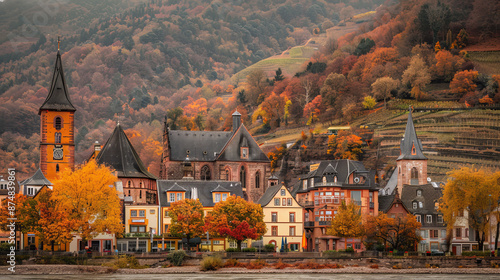 The old town of Bacharach is on the Rhine River. The bright colors of fall decorate the nearby hills. Saint Peter's Church and Werner Chapel stand out against this beautiful background. photo