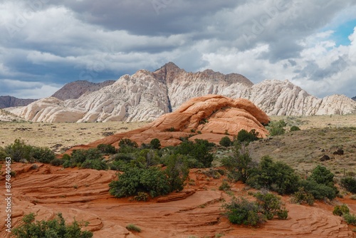 Rocky landscape and mountain range of Snow Canyon, Ivins, Utah, United States of America. photo