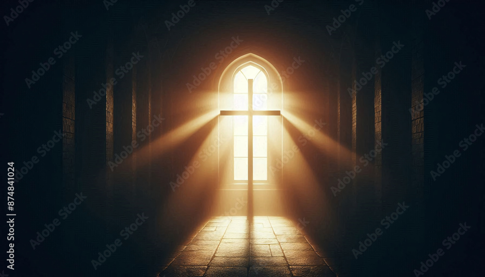 Naklejka premium Light of Faith. Sunlight illuminates a cross-shaped window, casting a serene glow inside a dark room