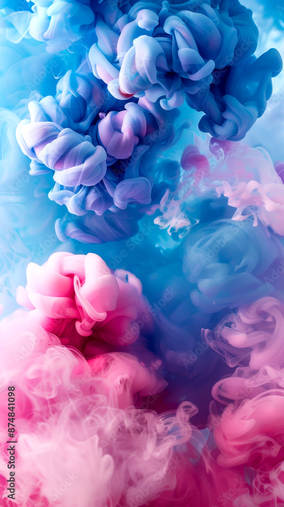 Naklejka premium A stunning display of blue and pink cloud-like formations, depicting abstract thoughts and the fluidity of imagination, with a dreamy ethereal ambiance.