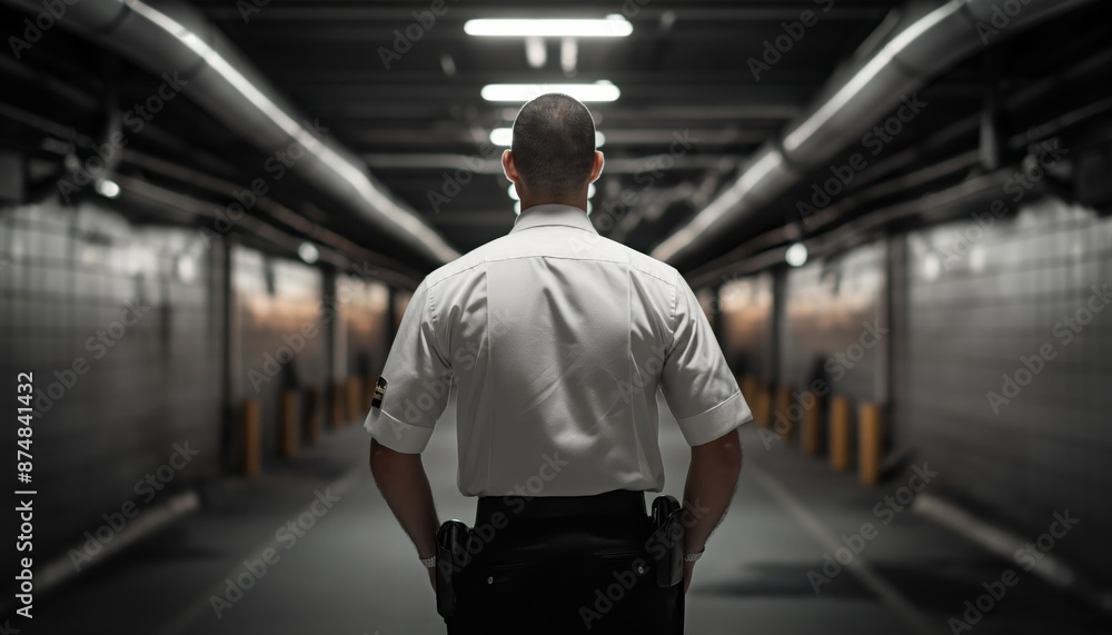 A security guard in white uniform patrols an empty underground parking structure, ensuring the safety and security of the area, with hands clasped behind their back, walking forward. A security guard in white uniform patrols an empty underground parking structure, ensuring the safety and security of the area, with hands clasped behind their back, walking forward.