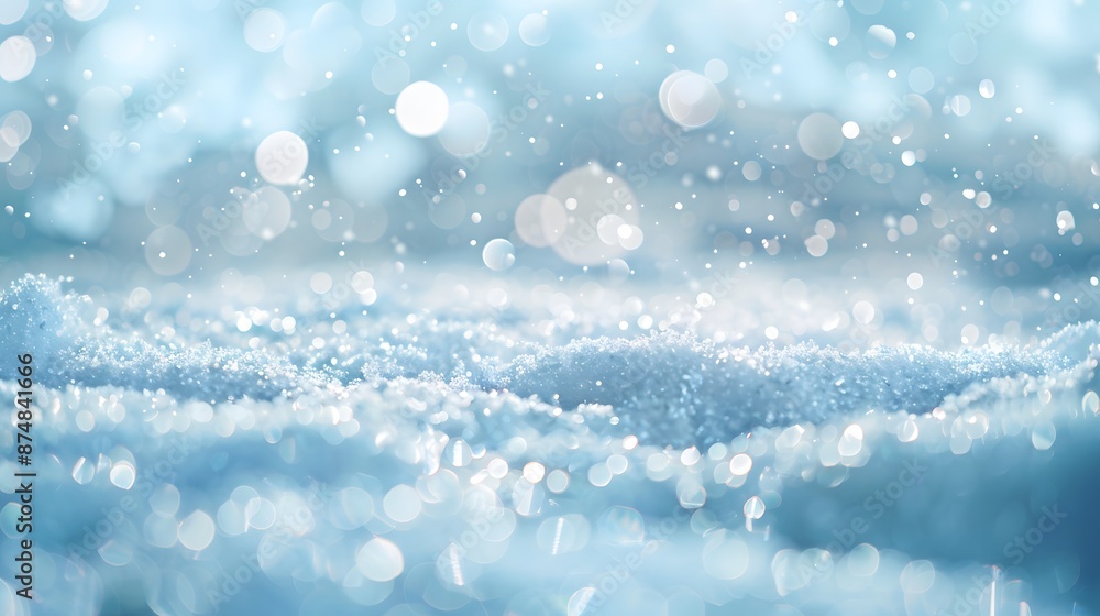 Fototapeta premium Light snow bokeh background on shiny glitter light blue snow winter for Christmas festive background.
