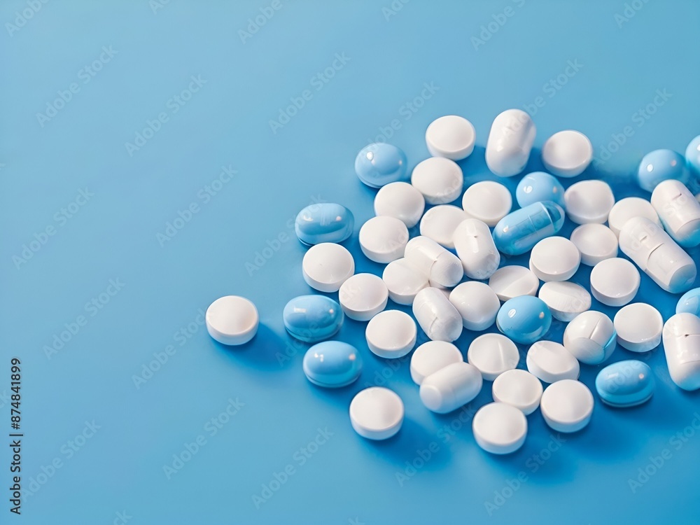 Medicine pills in clear glass on soft blue background Medicine pills in clear glass on soft blue background