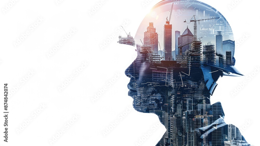 Building progress: worker in a helmet on background of city construction site, double exposure concept for labour day, celebrating dedication and hard work that drives urban development. Building progress: worker in a helmet on background of city construction site, double exposure concept for labour day, celebrating dedication and hard work that drives urban development.