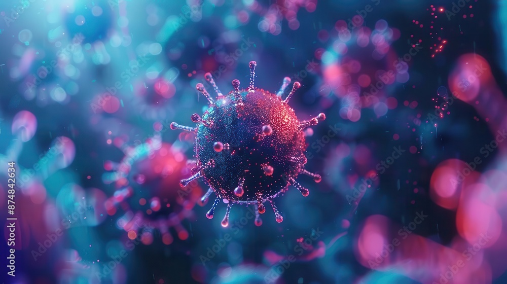 Close-up digital illustration of colorful virus cells with a surreal, glowing effect, representing infection, science, and microscopic life. Close-up digital illustration of colorful virus cells with a surreal, glowing effect, representing infection, science, and microscopic life.