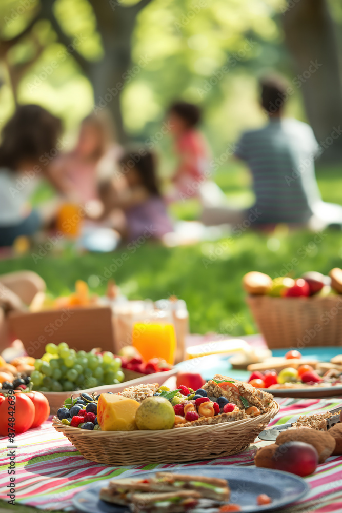 Wicker basket overflowing with food at a family picnic Wicker basket overflowing with food at a family picnic