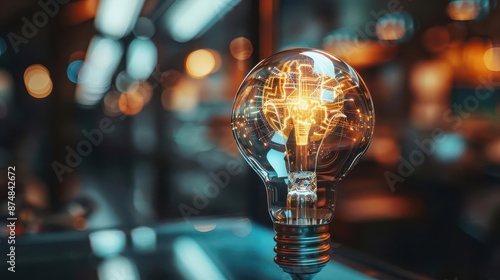 Close-up of a glowing light bulb with warm light in a modern, blurred background. Perfect for innovation, creativity, and energy concepts.