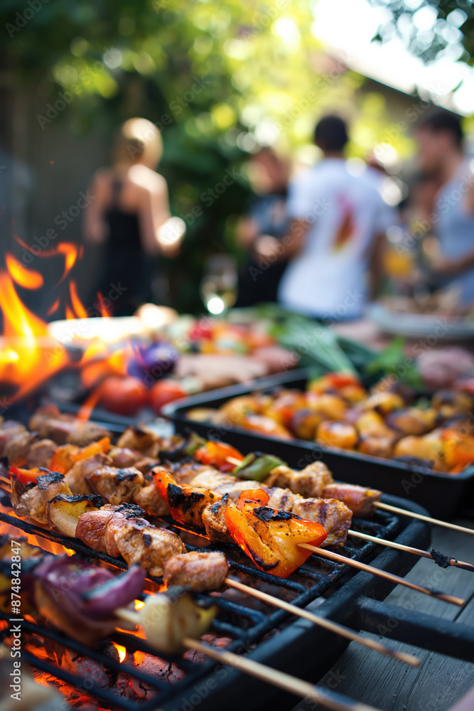 Grilling pork and vegetable skewers at summer garden party Grilling pork and vegetable skewers at summer garden party