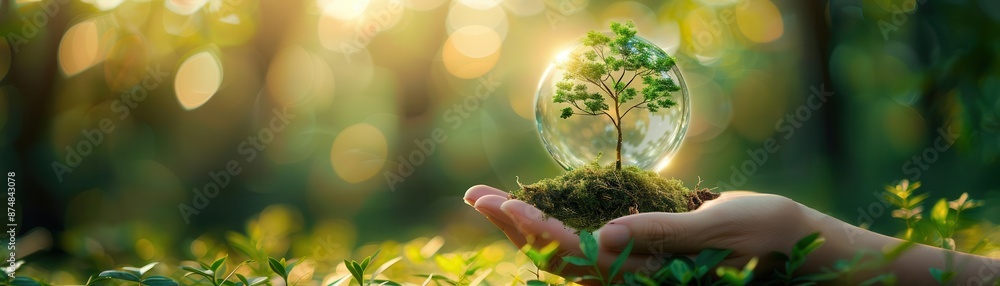 Fototapeta premium Hand holding soil with small tree growing inside transparent globe, symbolizing environmental conservation and sustainability.
