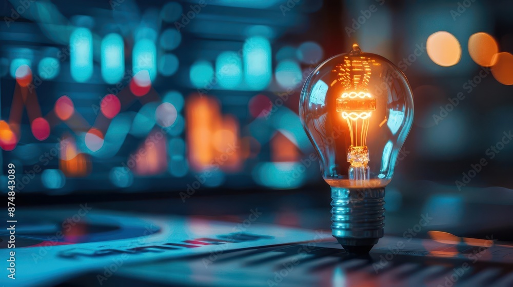Illuminated light bulb on a desk with colorful charts in the background, symbolizing innovation and data-driven ideas. Illuminated light bulb on a desk with colorful charts in the background, symbolizing innovation and data-driven ideas.