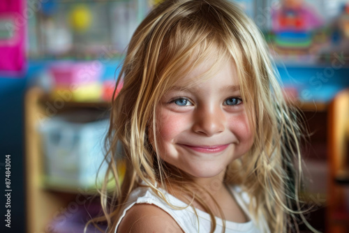 A little girl with blonde hair, blue eyes and a white T-shirt stands against the background of a school classroom.