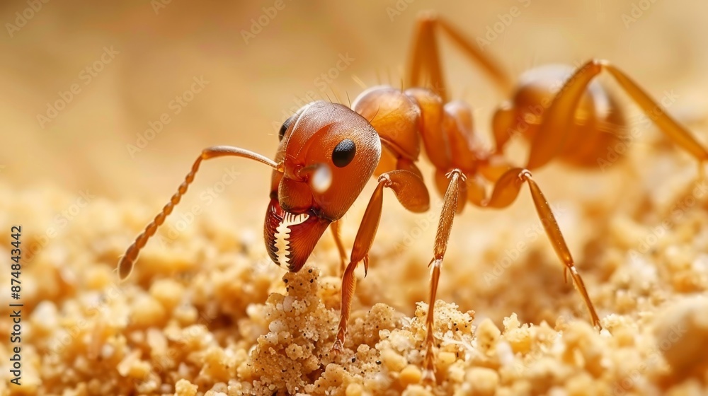 Close up capture of a diligent ant transporting food to the anthill in macro view Close up capture of a diligent ant transporting food to the anthill in macro view