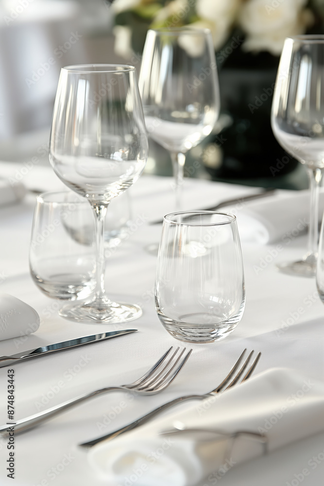 Empty glasses and silverware resting on a table set with white linen Empty glasses and silverware resting on a table set with white linen