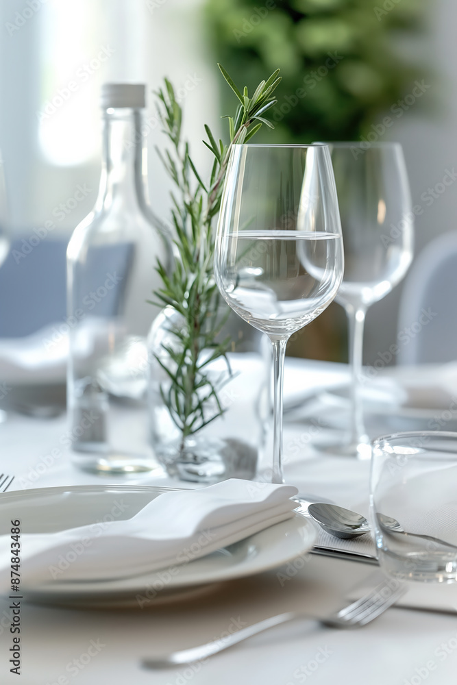 Elegant table setting with rosemary decoration in restaurant Elegant table setting with rosemary decoration in restaurant