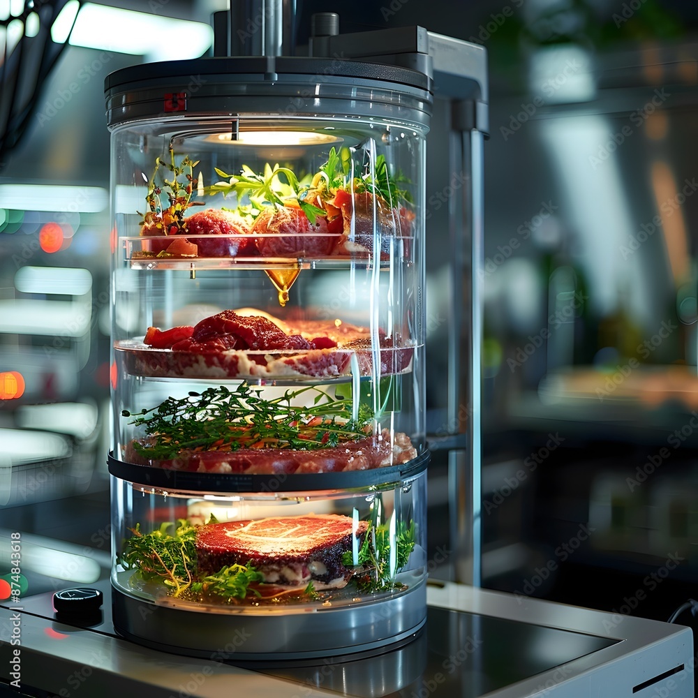 Innovative Bioreactor Setup Displaying Lab Cultured Meat and Vegetables for Advanced Food Technology Concept Innovative Bioreactor Setup Displaying Lab Cultured Meat and Vegetables for Advanced Food Technology Concept
