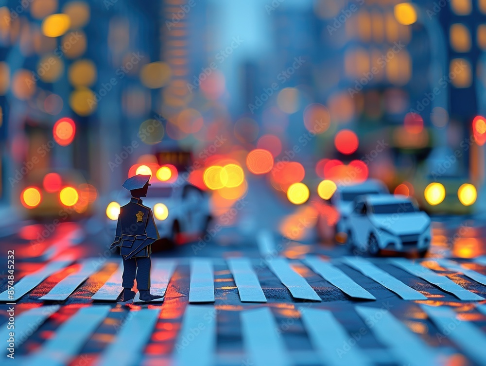 Fototapeta premium Paper cut police officer directing traffic at an intersection.