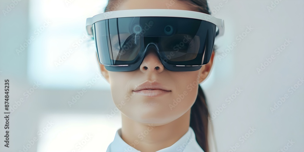 Woman in office using AR glasses for augmented reality experience. Concept Augmented Reality Glasses, Office Environment, Technology in Work, Digital Innovation Woman in office using AR glasses for augmented reality experience. Concept Augmented Reality Glasses, Office Environment, Technology in Work, Digital Innovation