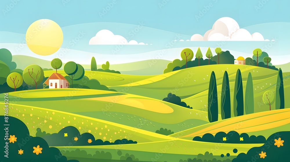 Obraz premium Landscape countryside nature background with sky, green trees, hill and meadow, vector illustration flat design. 