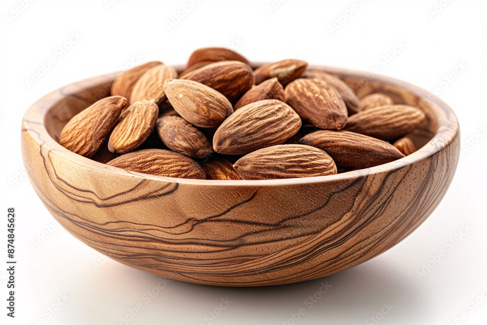 Wooden bowl filled with almonds on a white background. Wooden bowl filled with almonds on a white background.