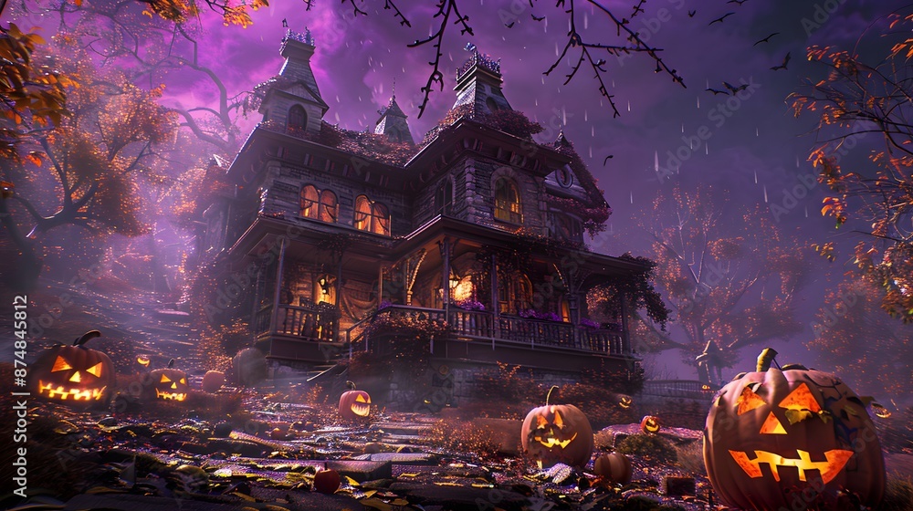 Fototapeta premium Creepy old haunted house with pumpkins on Halloween night