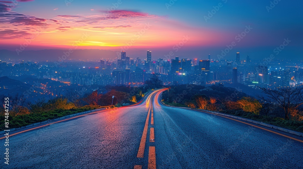 Sunrise Cityscape Overlooking a Winding Road Sunrise Cityscape Overlooking a Winding Road