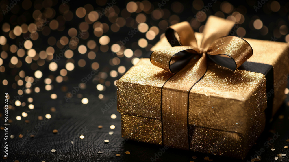 A luxurious golden gift box with a shimmering ribbon on a sleek black background, evoking the excitement of Black Friday sales A luxurious golden gift box with a shimmering ribbon on a sleek black background, evoking the excitement of Black Friday sales