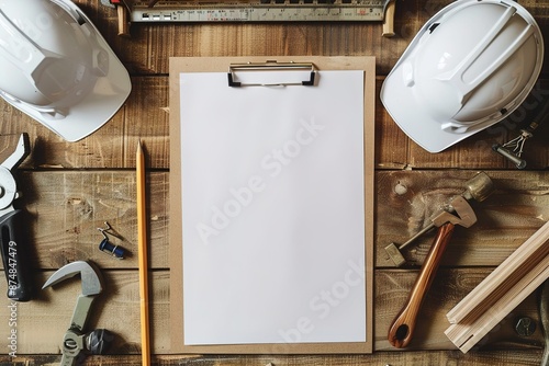 Mockup blank clipboard with white sheet and pencil on carpenter table, White safety helmets and worktools on workbench in woodworking shop photo