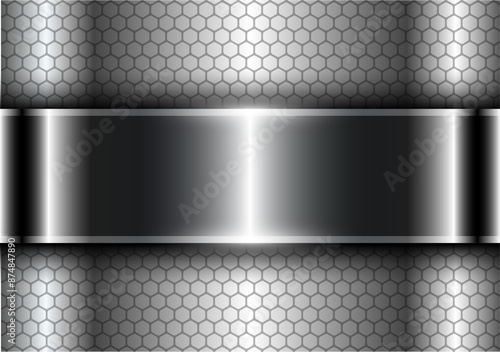 Silver gray striped pattern background with hexagonal pattern and a banner in the middle.