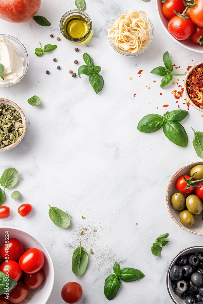 Italian food ingredients forming a frame on white marble Italian food ingredients forming a frame on white marble