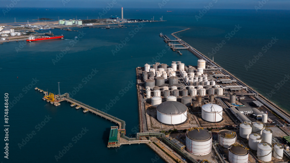 Φωτογραφία Aerial view oil and gas depot industrial facility for storage logistic petrochemical product, Crude oil and gas depot terminal storage tank petroleum petrochemical refinery product, Business energy
