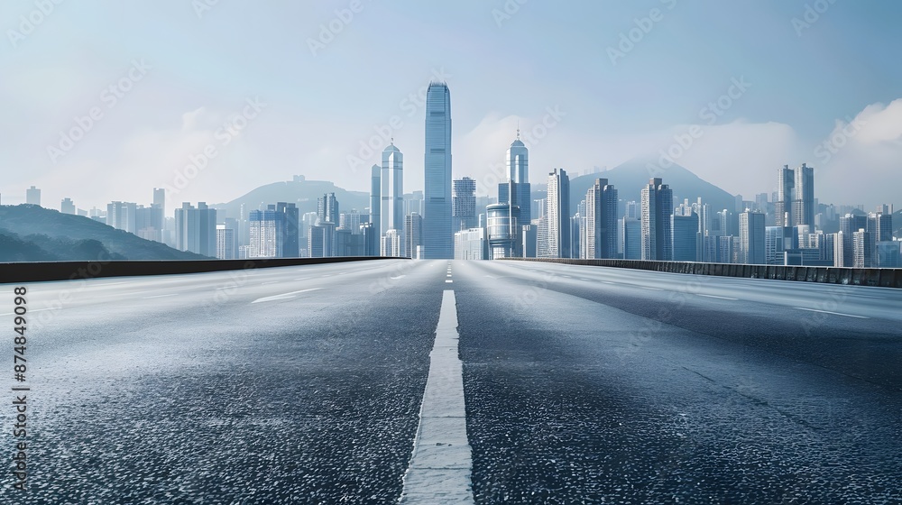 Fototapeta premium Empty wide asphalt road and city skyline. Side asphalt tarmac floor with buildings and modern cityscape. 