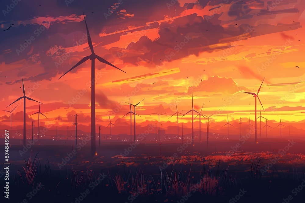 Obraz premium Wind turbines farm at beautiful orange sunset.