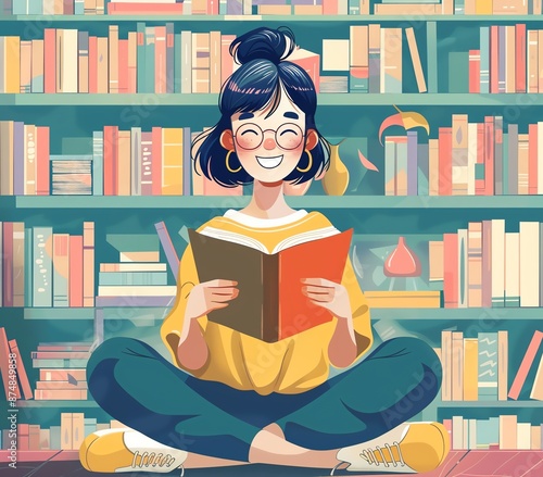 Youth Asian Girl Wearing Glasses at Bookshelves Focus on Reading a Book in a Library Cartoon Style