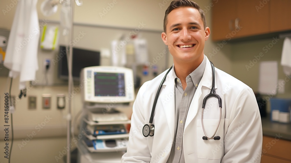 Healthcare Professional, Male Doctor Wearing White Coat and Stethoscope Smiling in Hospital Setting with Medical Equipment Healthcare Professional, Male Doctor Wearing White Coat and Stethoscope Smiling in Hospital Setting with Medical Equipment