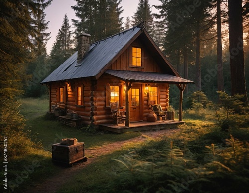 A small log cabin with a porch and a fireplace © Sergey